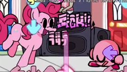 Size: 475x269 | Tagged: safe, pinkie pie, earth pony, human, pony, puffball, g4, arrow, crossover, door, female, friday night funkin', funkin' is magic, kirby, kirby (series), male, mare, numbers, sitting, smiling, speaker, standing on two hooves, text, youtube link