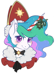 Size: 1873x2463 | Tagged: safe, artist:taytinabelle, derpibooru exclusive, princess celestia, alicorn, pony, blushing, bust, choker, closed mouth, clothes, colored eyelashes, cute, cutelestia, cutie mark accessory, ear fluff, female, looking at you, mare, mistletoe, ribbon, simple background, sinterklaas, smiling, solo, transparent background