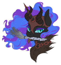 Size: 2017x2122 | Tagged: safe, artist:taytinabelle, derpibooru exclusive, nightmare moon, alicorn, pony, g4, armor, armored pony, bedroom eyes, birch tree, bust, chains, choker, colored eyelashes, fangs, female, fur coat, helmet, high res, horned helmet, jewelry, krampus, looking at you, mare, mouth hold, necklace, simple background, smiling, solo, tongue out, transparent background, tree, tree branch