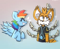 Size: 1757x1455 | Tagged: safe, artist:swiftifizzix, rainbow dash, fox, pegasus, pony, anthro, g4, ashleigh ball, cute, male, miles "tails" prower, smiling, sonic prime, sonic the hedgehog (series), tails nine, voice actor joke