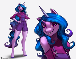 Size: 1500x1166 | Tagged: safe, artist:doomxwolf, izzy moonbow, unicorn, anthro, unguligrade anthro, g5, adorasexy, arm fluff, breasts, busty izzy moonbow, clothes, cute, hooves, izzybetes, legs, lips, long hair, looking at you, off shoulder, overall shorts, overalls, sexy, shoulder fluff, simple background, smiling, smiling at you, thighs, white background