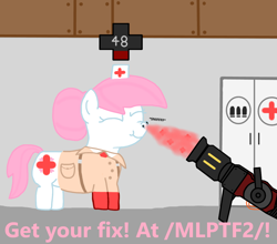 Size: 1246x1096 | Tagged: safe, nurse redheart, earth pony, pony, g4, /mlp/ tf2 general, cabinet, clothes, hat, healing, hoof gloves, inhaling, kritzkrieg, life bar, medic, medic (tf2), nurse hat, sniffing, team fortress 2, wat