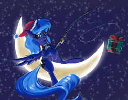 Size: 1400x1100 | Tagged: safe, artist:rocket-lawnchair, princess luna, alicorn, pony, christmas, clothes, crescent moon, female, fishing, fishing rod, gift wrapped, hat, holiday, horn, looking at you, mare, mare in the moon, moon, present, s1 luna, santa hat, scarf, sitting, smiling, smiling at you, solo, spread wings, stars, striped scarf, tangible heavenly object, wings