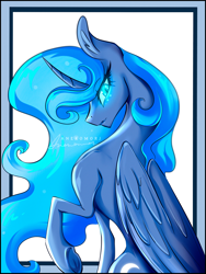 Size: 960x1280 | Tagged: safe, artist:anekomori, princess luna, alicorn, pony, g4, concave belly, ear fluff, folded wings, glowing, glowing eyes, horn, large wings, looking at you, passepartout, raised hoof, sideview, slender, solo, thin, underhoof, wings