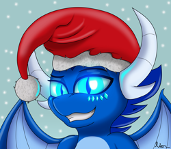 Size: 2580x2254 | Tagged: safe, artist:neondragon, oc, oc:cobalt the dragon, dragon, christmas, glowing, glowing eyes, hat, hearth's warming, high res, holiday, looking at you, santa hat, smiling, smiling at you, snow, snowfall, solo, spread wings, wings