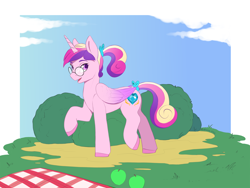 Size: 4000x3000 | Tagged: safe, artist:miramore, princess cadance, alicorn, pony, g4, apple, bush, cute, female, folded wings, food, glasses, grass, green apple, heart, heart eyes, hooves, mare, picnic, ponytail, raised hoof, raised leg, simple background, slender, solo, sternocleidomastoid, teen princess cadance, thin, trotting, wingding eyes, wings, young cadance