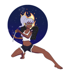 Size: 1891x1997 | Tagged: safe, artist:feralroku, princess luna, oc, oc only, oc:s-moon, human, g4, action pose, bare shoulders, barefoot, clone, clothes, cutie mark tattoo, dark skin, feet, fire, humanized, one piece, seraphim (one piece), shorts, simple background, sleeveless, solo, starry eyes, sword, tattoo, transparent background, weapon, wingding eyes, winged humanization, wings