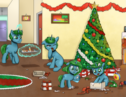 Size: 1291x1000 | Tagged: safe, artist:candyclumsy, oc, oc only, pony, unicorn, christmas, christmas tree, colt, family, female, filly, fireplace, foal, glasses, glowing, glowing horn, holiday, horn, male, mare, open mouth, open smile, present, smiling, stallion, tree, yawn