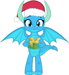 Size: 5542x6001 | Tagged: safe, artist:php170, oc, oc:frosty, oc:frosty the dragon, dragon, christmas, dragon oc, hat, hearth's warming, holiday, ice dragon, looking at you, non-pony oc, present, santa hat, simple background, smiling, smiling at you, solo, spread wings, transparent background, vector, wings