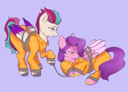 Size: 2048x1476 | Tagged: safe, artist:twilightsparkee, pipp petals, zipp storm, pegasus, pony, g5, bondage, clothes, duo, female, jumpsuit, never doubt rainbowdash69's involvement, prison outfit, prisoner pipp, prisoner zipp, purple background, royal sisters (g5), siblings, simple background, sisters