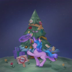 Size: 4096x4096 | Tagged: safe, artist:felldeal, izzy moonbow, pony, unicorn, series:daily drawing december, g5, christmas, decoration, glowing, glowing horn, happy, holiday, horn, magic, magic aura, solo, telekinesis, tree