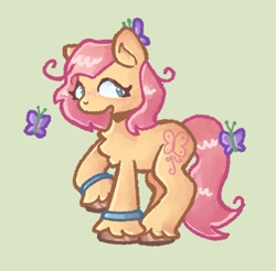 Size: 823x811 | Tagged: safe, artist:toaestt, sky skimmer, butterfly, earth pony, pony, g2, bracelet, chest fluff, female, freckles, gray eyes, jewelry, raised hoof, redesign, shiny hooves, short hair, solo