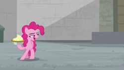 Size: 2560x1440 | Tagged: safe, screencap, pinkie pie, earth pony, pony, g4, the last laugh, female, food, mare, open mouth, pie, solo