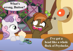 Size: 945x665 | Tagged: safe, artist:jan, edit, button mash, sweetie belle, pony, button's adventures, g4, cropped, dialogue, duo, hat, headache, joy boy, milkshake, pain star, pokémon, propeller hat, speech bubble