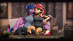 Size: 9600x5400 | Tagged: safe, artist:imafutureguitarhero, sci-twi, sunset shimmer, twilight sparkle, alicorn, classical unicorn, gynoid, robot, robot pony, unicorn, anthro, unguligrade anthro, g4, 3d, absurd file size, absurd resolution, amplifier, aperture, aperture iris, arm fluff, arm freckles, black bars, boots, cable, charging, cheek fluff, chest freckles, chromatic aberration, clothes, coffee table, colored eyebrows, colored eyelashes, controller, couch, curtains, denim, dialogue, dialogue in the description, duo, ear fluff, ear freckles, female, film grain, floppy ears, freckles, fruit, fruit bowl, hoof boots, horn, iphone, jeans, leather, leather boots, leonine tail, lesbian, letterboxing, long nails, looking at each other, looking at someone, magazine, mare, multicolored hair, multicolored mane, multicolored tail, one ear down, outlet, painting, paintover, pants, peppered bacon, pillow, plug, remote, revamped anthros, revamped ponies, roboticization, sci-twilicorn, shimmerbot, ship:sci-twishimmer, ship:sunsetsparkle, shipping, shirt, shoes, shorts, signature, sitting, smiling, source filmmaker, story included, subtitles, sunset shimmer is not amused, table, tail, tail fluff, tank top, text, unamused, usb, wall of tags, wing fluff, wing freckles, wings, xbox 360 controller