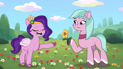 Size: 3072x1727 | Tagged: safe, screencap, dahlia, pipp petals, earth pony, pegasus, pony, a day in the life, g5, my little pony: tell your tale, spoiler:g5, spoiler:my little pony: tell your tale, spoiler:tyts01e41, duo, duo female, eyes closed, female, flower, frown, high res, mare, open mouth, youtube link