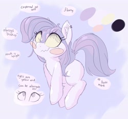 Size: 4096x3811 | Tagged: safe, artist:zzzsleepy, oc, oc:chanter, ghost, ghost pony, pony, abstract background, bangs, blank eyes, blush sticker, blushing, ear fluff, ear piercing, earring, eye clipping through hair, female, floating, jewelry, mare, piercing, reference sheet, solo, wavy mouth, yellow eyes