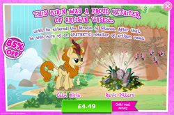 Size: 1961x1298 | Tagged: safe, gameloft, autumn afternoon, kirin, g4, my little pony: magic princess, advertisement, background character, background kirin, bush, cloven hooves, costs real money, english, horn, introduction card, male, mobile game, numbers, rock, runes, sale, solo, text