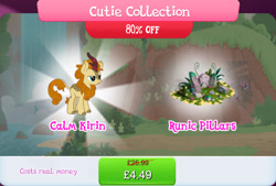 Size: 1267x857 | Tagged: safe, gameloft, autumn afternoon, kirin, g4, my little pony: magic princess, background character, background kirin, bundle, bush, cloven hooves, costs real money, cutie collection, english, horn, male, mobile game, numbers, rock, runes, sale, solo, text