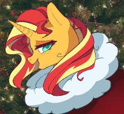 Size: 1141x1045 | Tagged: safe, artist:twilightsparkee, sunset shimmer, pony, g4, christmas, christmas ornament, christmas tree, clothes, costume, decoration, holiday, looking at you, santa costume, smiling, solo, tree