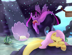 Size: 1181x906 | Tagged: safe, artist:marychristine08, fluttershy, twilight sparkle, alicorn, pegasus, pony, seapony (g4), g4, book, bubble, clothes, coral, crepuscular rays, cute, digital art, dorsal fin, duo, eyes closed, female, fin wings, fins, fish tail, flowing mane, flowing tail, horn, lying down, mare, ocean, pink mane, purple eyes, rock, scales, seaponified, seapony fluttershy, seapony twilight, seashell, seaweed, see-through, sleeping, smiling, species swap, sunlight, swimming, tail, twilight sparkle (alicorn), underwater, water, wings