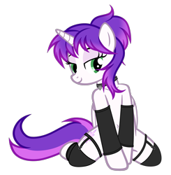 Size: 4561x4657 | Tagged: safe, artist:equestria secret guard, oc, oc only, oc:purple rose, alicorn, pony, semi-anthro, alicorn oc, arm hooves, bedroom eyes, belly button, clothes, female, hoofless socks, horn, jewelry, kneeling, latex, latex socks, looking at you, mare, neck rings, necklace, sexy, shoulder, simple background, socks, solo, transparent background, vector, wings