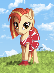 Size: 2000x2700 | Tagged: safe, artist:duskie-06, shimmy shake, earth pony, pony, g4, cheerleader, cheerleader outfit, clothes, ear fluff, female, high res, mare, solo, tongue out