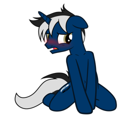 Size: 4561x4307 | Tagged: safe, artist:equestria secret guard, oc, oc only, oc:dark galaxy, pony, belly button, blushing, horn, kneeling, male, open mouth, sexy, shoulder, shy, simple background, solo, stallion, transparent background, vector
