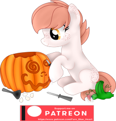 Size: 2380x2475 | Tagged: safe, artist:pure-blue-heart, oc, oc only, oc:brushed light, earth pony, pony, body freckles, earth pony oc, female, freckles, halloween, high res, holiday, jack-o-lantern, mare, patreon, patreon logo, patreon reward, pumpkin, pumpkin carving, short hair, simple background, solo, transparent background, yellow eyes