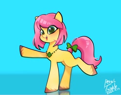 Size: 1368x1074 | Tagged: safe, artist:petaltwinkle, posey bloom, earth pony, pony, a day in the life, g5, my little pony: tell your tale, spoiler:g5, spoiler:my little pony: tell your tale, spoiler:tyts01e41, adoraposey, alternate hairstyle, bow, cute, extended trot pose, female, gradient background, jewelry, mare, necklace, open mouth, open smile, raised hoof, raised leg, scene interpretation, short mane, slender, smiling, solo, standing, tail, tail bow, thin, three quarter view, unshorn fetlocks
