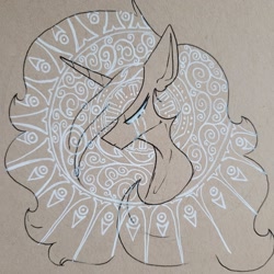 Size: 2048x2048 | Tagged: safe, artist:greyscaleart, princess celestia, alicorn, pony, g4, bust, crying, depressedia, ethereal mane, eyes closed, female, high res, mare, solo, thin, traditional art