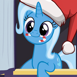 Size: 500x500 | Tagged: safe, edit, edited screencap, screencap, trixie, pony, unicorn, g4, to where and back again, candy, candy cane, christmas, cute, diatrixes, food, hat, holiday, santa hat, show accurate, solo, to saddlebags and back again