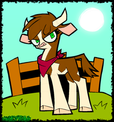 Size: 1596x1712 | Tagged: safe, artist:xxv4mp_g4z3rxx, arizona (tfh), cow, them's fightin' herds, bandana, cloven hooves, community related, day, female, fence, grass, green eyes, horns, solo, sun