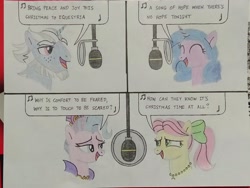 Size: 4160x3120 | Tagged: safe, artist:don2602, alphabittle blossomforth, izzy moonbow, posey bloom, queen haven, earth pony, pegasus, pony, unicorn, comic:do ponies know it's christmas?, comic:do ponies know it's christmas? (g5 edition), g5, band aid (music group), beard, bono, bow, crown, ellie goulding, eyes closed, facial hair, hair bow, jewelry, looking at each other, looking at someone, music notes, necklace, recording studio, regalia, seal (singer), singing, sinéad o'connor, song reference, traditional art, u2