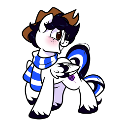 Size: 1300x1300 | Tagged: safe, artist:paperbagpony, oc, oc only, pegasus, pony, 2023 community collab, derpibooru community collaboration, blushing, clothes, cowboy hat, freckles, glasses, hat, scarf, simple background, solo, striped scarf, transparent background, unshorn fetlocks