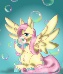 Size: 1000x1185 | Tagged: safe, artist:pagophasia, derpibooru exclusive, fluttershy, pegasus, pony, g4, bubble, colored hooves, cute, female, frog (hoof), impossibly long eyelashes, looking down, mare, open mouth, reflection, shyabetes, simple background, sitting, solo, spread wings, underhoof, unshorn fetlocks, wings