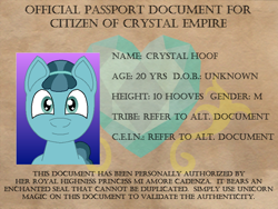 Size: 800x600 | Tagged: safe, artist:origami_fimfic, crystal hoof, thorax, g4, disguise, disguised changeling, fanfic, passport, solo