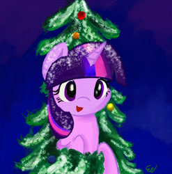 Size: 1344x1361 | Tagged: safe, artist:paintedskies, twilight sparkle, alicorn, pony, g4, christmas, christmas tree, digital painting, hearth's warming, holiday, in a tree, mane, snow, solo, tree, twilight sparkle (alicorn)