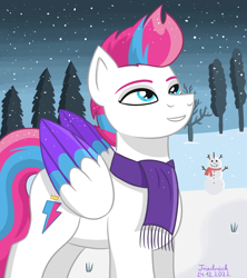 Size: 800x900 | Tagged: safe, artist:friedrich911, zipp storm, pegasus, pony, g5, clothes, female, mare, scarf, smiling, snow, snowfall, snowman, solo, winter
