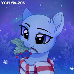 Size: 3500x3500 | Tagged: safe, artist:stesha, oc, pony, advertisement, any gender, any race, bust, christmas, clothes, commission, cute, ear fluff, high res, holiday, holly, holly mistaken for mistletoe, looking at something, mouth hold, portrait, scarf, sky, sky background, smiling, snow, solo, striped scarf, tree, your character here