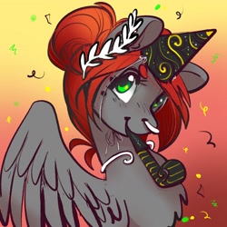 Size: 2400x2400 | Tagged: safe, artist:opalacorn, oc, oc only, oc:void, pegasus, pony, confetti, female, gradient background, hair bun, hat, high res, mare, mouth hold, nose piercing, nose ring, party hat, party horn, pegasus oc, piercing, solo
