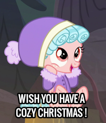 Size: 720x831 | Tagged: safe, edit, edited screencap, screencap, cozy glow, frenemies (episode), g4, my little pony: friendship is magic, christmas, cozy, female, filly, foal, holiday, pun, solo, text