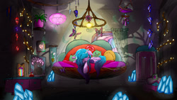 Size: 1920x1080 | Tagged: safe, artist:abracadabra, izzy moonbow, pony, unicorn, g5, my little pony: a new generation, bed, bedroom, crystal, female, lamp, mare, painting, potted plant, sleeping, solo