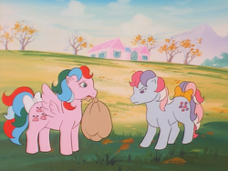 Size: 960x720 | Tagged: safe, screencap, sweet stuff, whizzer, earth pony, pegasus, pony, twinkle eyed pony, g1, my little pony 'n friends, sweet stuff and the treasure hunt, bow, duo, female, mare, tail, tail bow