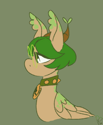 Size: 706x855 | Tagged: safe, artist:pagophasia, derpibooru exclusive, oc, oc only, oc:hortis culture, hybrid, pony, animated, blinking, blushing, bust, collar, ear tufts, eyes closed, gif, glasses, green background, horns, leaf, looking sideways, nonbinary, round glasses, simple background, smiling, solo, wings