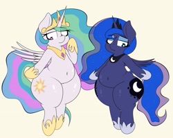 Size: 3472x2768 | Tagged: safe, artist:blitzyflair, princess celestia, princess luna, alicorn, semi-anthro, belly, belly button, chubby, crown, duo, female, hoof shoes, jewelry, lidded eyes, looking back, looking down, mare, peytral, regalia, royal sisters, siblings, sisters, thighs, wide hips