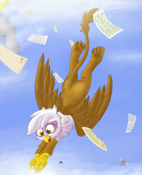 Size: 1280x1578 | Tagged: safe, artist:pzkratzer, derpy hooves, gilda, griffon, pegasus, pony, g4, cloud, flying, mail, solo focus