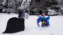 Size: 1192x670 | Tagged: safe, king sombra, princess luna, alicorn, pony, unicorn, g4, clothes, duo, forest, irl, photo, plushie, winter, winter outfit