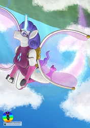 Size: 2480x3508 | Tagged: safe, artist:sufficientgravitas, rarity, unicorn, anthro, g4, artificial wings, augmented, clothes, female, flying, glowing, glowing horn, goggles, high res, horn, jetpack, leotard, mechanical wing, sky, solo, wings