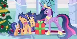 Size: 1024x523 | Tagged: safe, artist:velveagicsentryyt, twilight sparkle, oc, oc:galaxy swirls, oc:velvet sentry, alicorn, pony, unicorn, g4, the last problem, christmas, christmas tree, female, holiday, mare, offspring, older, older twilight, older twilight sparkle (alicorn), parent:flash sentry, parent:twilight sparkle, parents:flashlight, present, princess twilight 2.0, tree, twilight sparkle (alicorn)